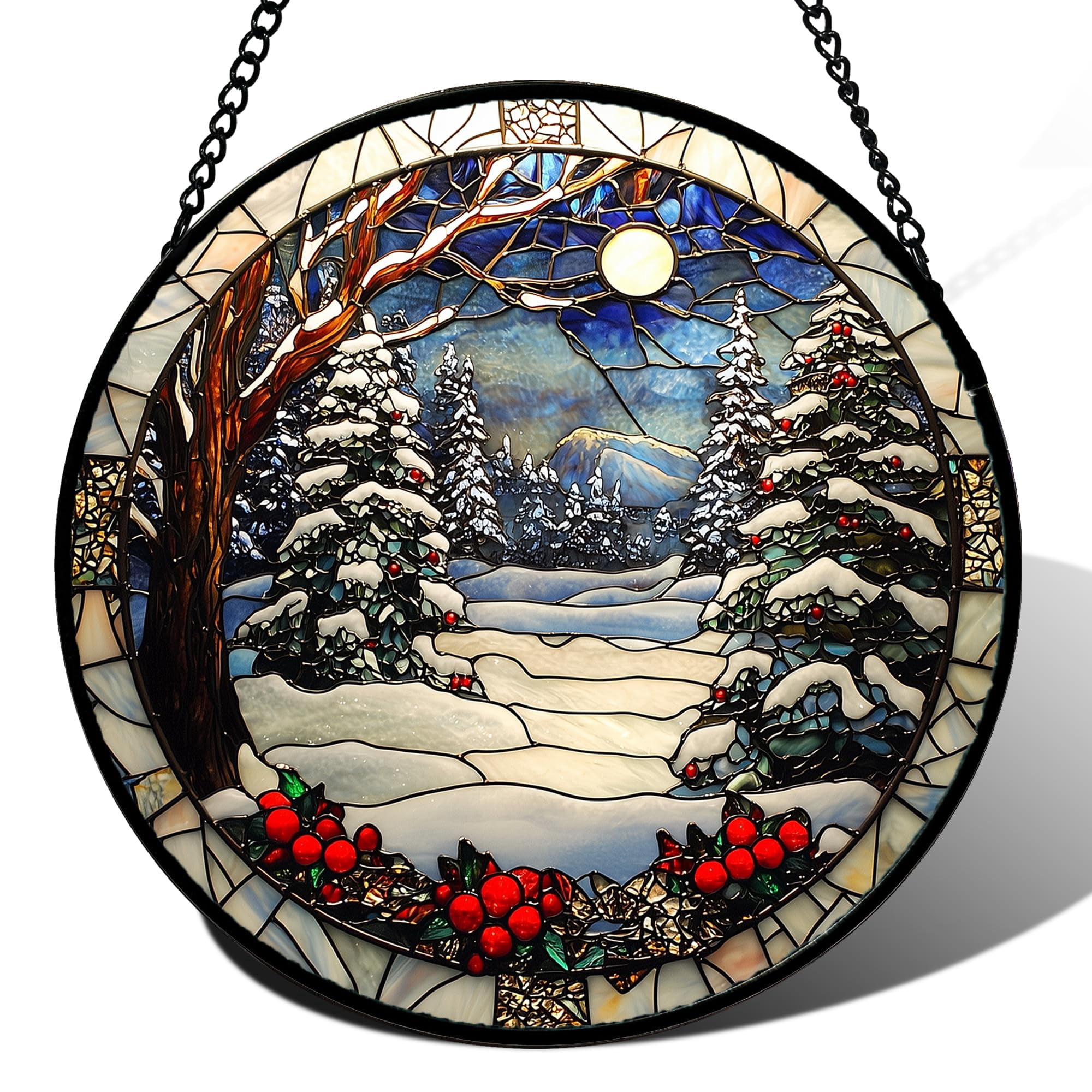 Stained Glass Window Hanging Christmas Tree Winter Snow Night Scenery ...