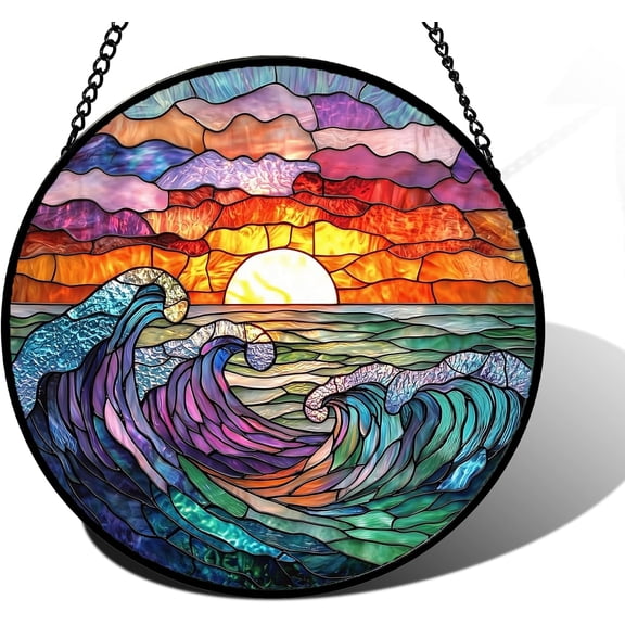 Stained Glass Window Hanging, Clouds and Sea Waves Suncatcher Diamond Glass Panel Hangings Scenery Sun Catchers Decor for Birthday for Women, Men, Wife, Aunt, and Mom 7.9 in