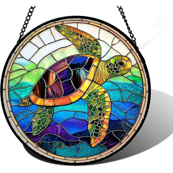 Stained Glass Window Hanging, Colored Turtle Ocean Suncatcher Diamond Glass Panel Hangings Marine Life Sun Catchers Decor for Birthday for Women, Men, Wife, Aunt, Mom