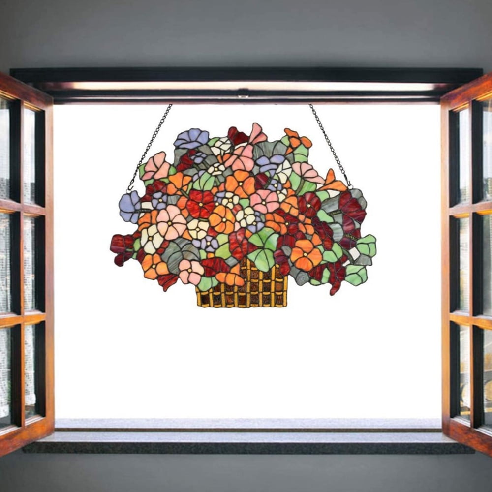 Stained Glass Window Hanging Colorful Flower Basket Window Panel