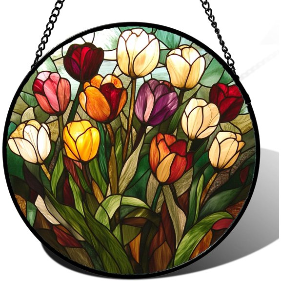 Stained Glass Window Hanging Colorful Tulip LargeFlower Suncatcher Door Garden Sun Catcher Home Plant Decor Birthday Mother's Day for Mom Woman Friend Nana Colleague