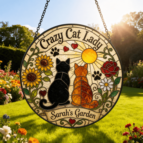 Stained Glass Window Hanging Crazy Cat Lady Glass Suncatcher for Cat Lovers