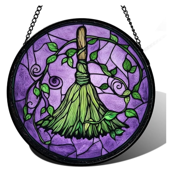 Stained Glass Window Hanging - Decorations Magic Broom Suncatcher for Doors Garden Indoor Funny Spooky Sun Catchers Gothic Decor Horror Gifts for Women Men Friend 15 in