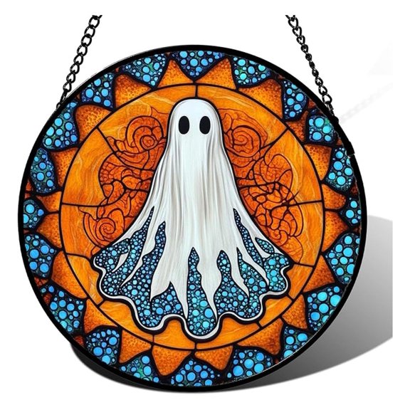 Stained Glass Window Hanging - Decorations White Ghost Suncatcher for Doors Garden Indoor Spooky Funny Blue Sun Catchers Gothic Decor Horror Gifts for Women Men Friend 15 in