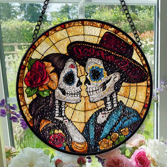 Stained Glass Window Hanging Dia De Los Muertos - Stained Glass Window Hanging Dia De Los Muertos, Christmas Ornament Gift, Elegant Art Glass Aesthetic