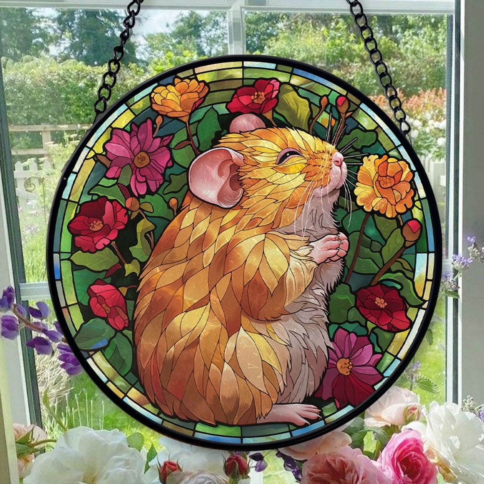 Stained Glass Window Hanging Ecstatic Golden Hamster - Stained Glass Window Hanging Ecstatic Golden Hamster, Festival Gift Ornament, Home Wall & Window Art