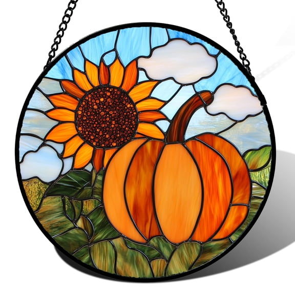 Stained Glass Window Hanging Fall Farm Scenery Sunflower Pumpkin - Suncatcher Door Garden Kitchen Sunroom Sun Catcher Home Decor Birthday for Mom Grandma Men Woman