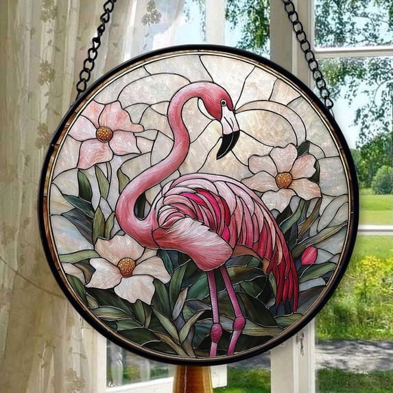 Stained Glass Window Hanging, Flamingo Flower Sun Catchers Diamond Glass Panel Hangings Pink Suncatcher Decor for Birthday for Women, Men, Wife, Aunt, and Mom, Stained Glass