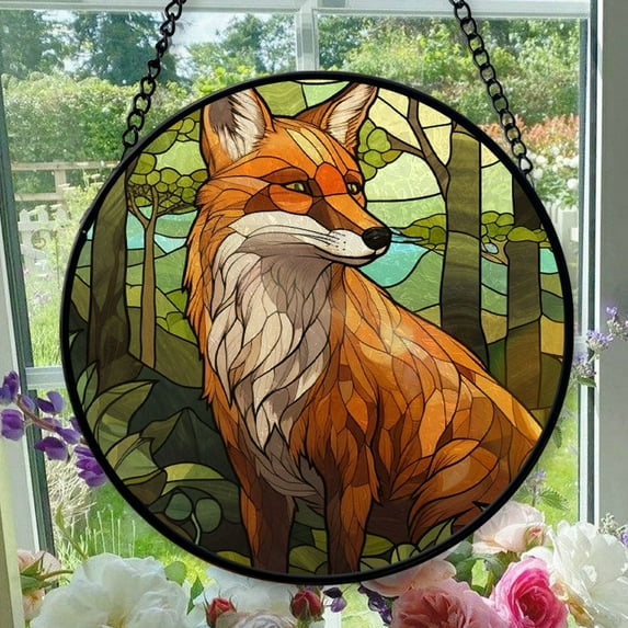 Stained Glass Window Hanging Fox - Stained Glass Window Hanging Fox, Festival Gift Ornament, Home Wall & Window Art, Brightens Any Space with Light, Elegant Art Glass Aesthetic