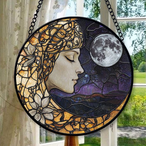 Stained Glass Window Hanging, Gentle Moon Goddess Suncatcher Diamond Glass Panel Hangings Sun Catchers Decor for Birthday for Women, Men, Wife, Aunt, and Mom, Stained Glass