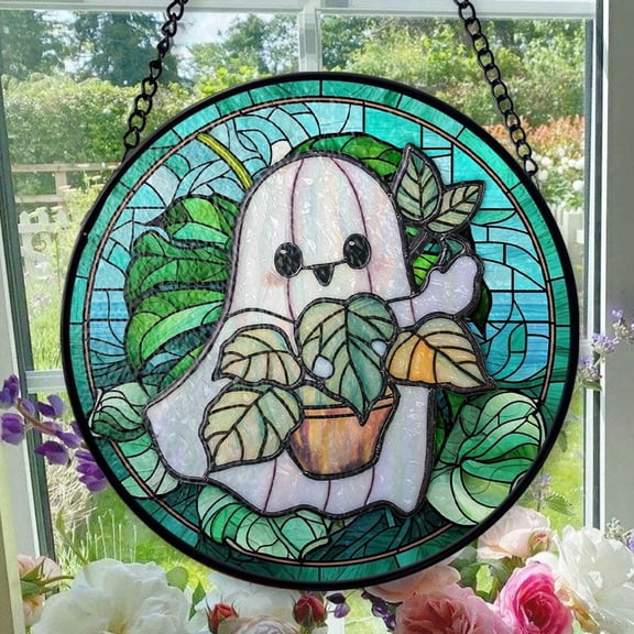 Stained Glass Window Hanging Ghost Greenhouse - Stained Glass Window Hanging Ghost Greenhouse, Christmas Ornament Gift, Elegant Art Glass Aesthetic, Year-Round Decorative Piece