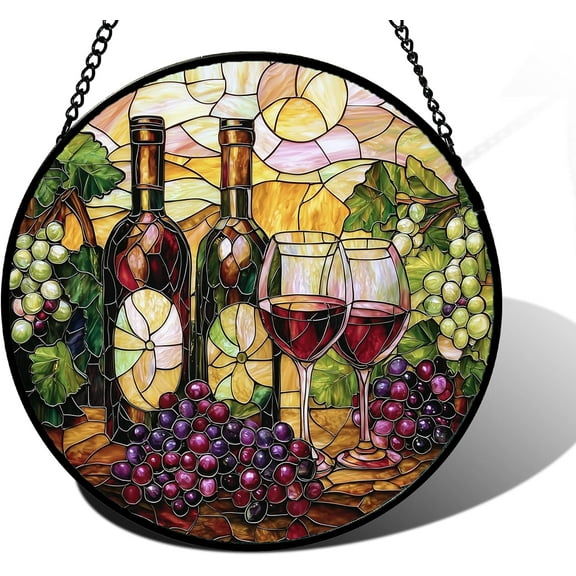 Stained Glass Window Hanging, Grapes and Wine Suncatcher Diamond Glass Panel Hangings Sun Catchers Decor for Birthday for Women, Men, Wife, Aunt, and Mom