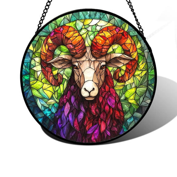 Stained Glass Window Hanging, Green Purple Goat Suncatcher Diamond Glass Panel Hangings Sun Catchers Decor for Birthday for Women, Men, Wife, Aunt, and Mom