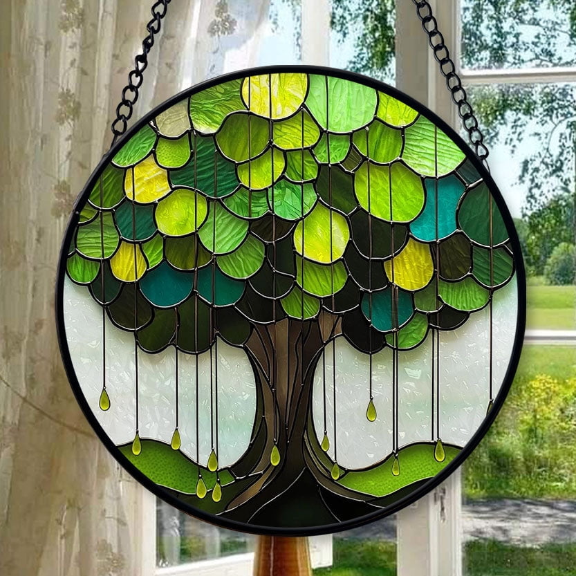 Stained Glass Window Hanging, Green Tree Fringed Leaves Suncatcher ...
