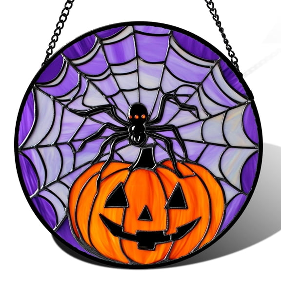Stained Glass Window Hanging Halloween Scary Black and Purple Spider Pumpkin - Suncatcher Door Garden Sun Catcher Gothic Home Decor Birthday Horror Gifts for Mom Men Woman Friend