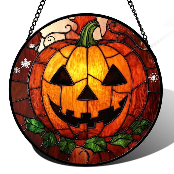 Stained Glass Window Hanging Halloween Scary Orange Red Evil Pumpkin Large - Suncatcher Door Garden Sun Catcher Gothic Home Decor Birthday Horror Gifts for Mom Men Woman Friend