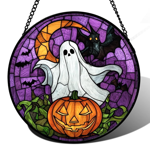 Stained Glass Window Hanging Halloween Scary Purple Night Sky Bat Ghost Large - Suncatcher Door Garden Sun Catcher Gothic Home Decor Birthday Horror Gifts for Mom Men Woman Friend