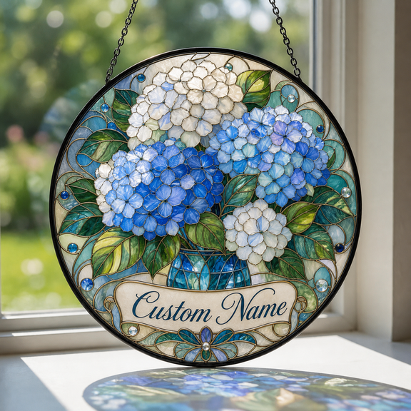 Stained Glass Window Hanging Hydrangea Bouquet Glass Suncatcher for Sunny Windows Personalized Gift