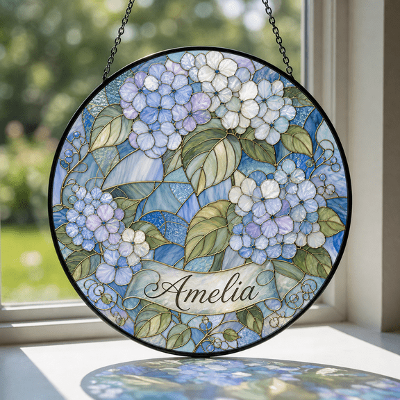 Stained Glass Window Hanging Hydrangea Floral Glass Suncatcher for Window Display, Personalized Gift