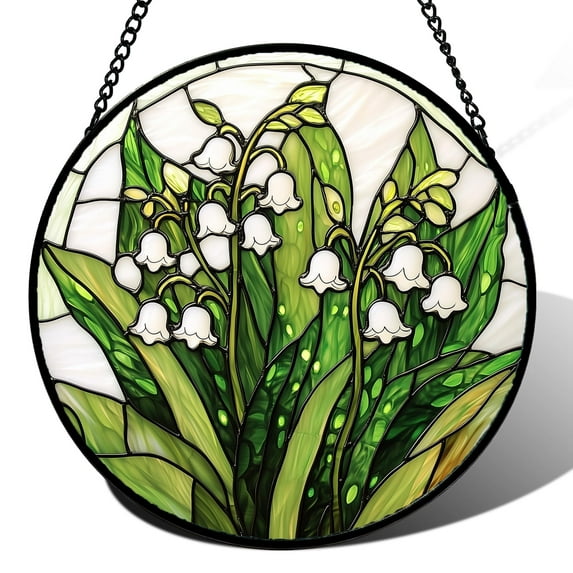 Stained Glass Window Hanging, Lily of The Valley Flower Sun Catchers Colorful Glass Panel Green Plants Suncatcher Decor for Birthday for Women,Men,Wife, Lovers, and Mom