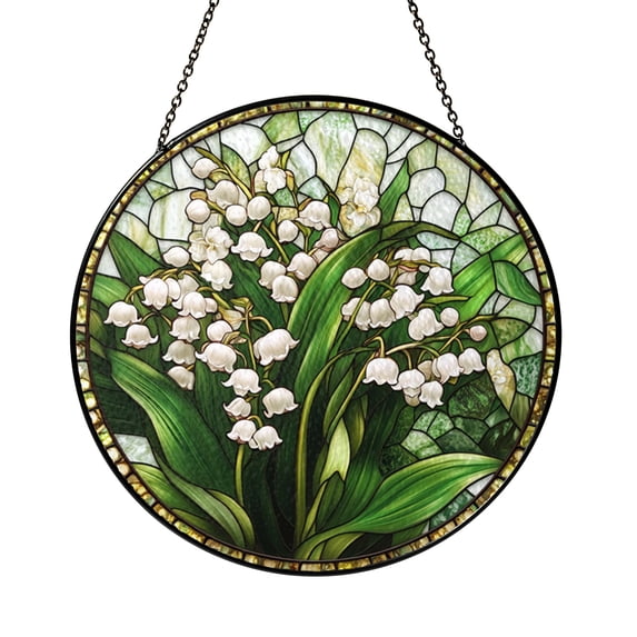 Stained Glass Window Hanging Lily of the Valley Sun Catcher, Floral Glass Panel with Chain for Window Home Decor, Indoor Wall Art Window Decoration, Botanical Window Suncatcher Gift