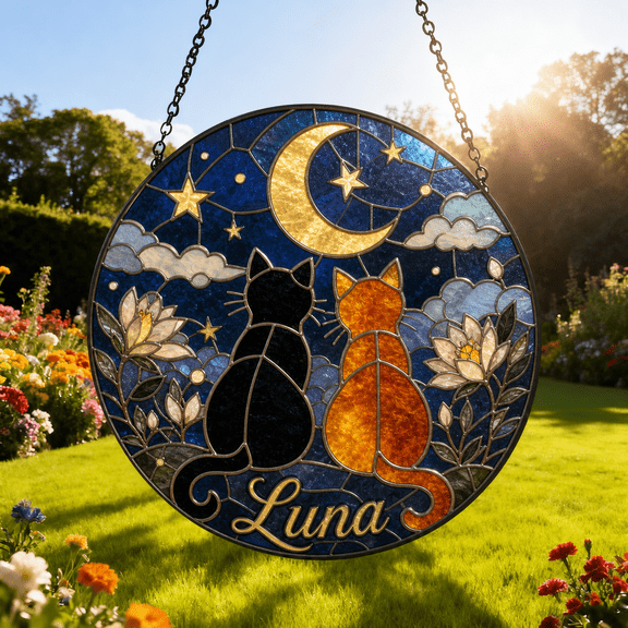 Stained Glass Window Hanging Moon Cat Personalized Glass Suncatcher for Window Display Cat Lovers