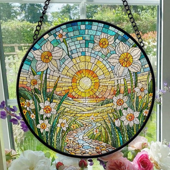 Stained Glass Window Hanging Narcissus Flower - Stained Glass Window Hanging Narcissus Flower, Festival Gift Ornament, Home Wall & Window Art, Brightens Any Space with Light