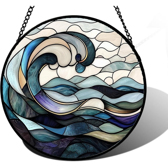 Stained Glass Window Hanging, Ocean Waves Sun Catchers Diamond Glass Panel Hangings Abstract Suncatcher Decor for Birthday for Women, Men, Wife, Aunt, and Mom