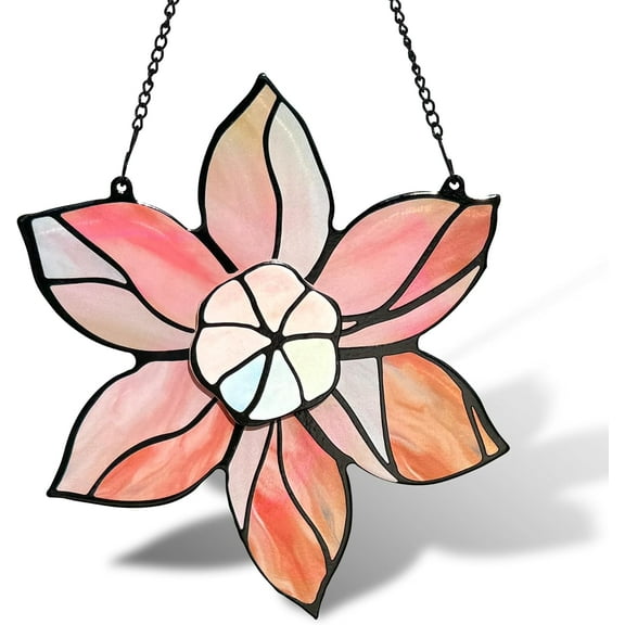 Stained Glass Window Hanging - Pink Flowers Suncatchers for Windows Hanging Floral Sun Catcher for Plant Lovers Anniversary Love Gift
