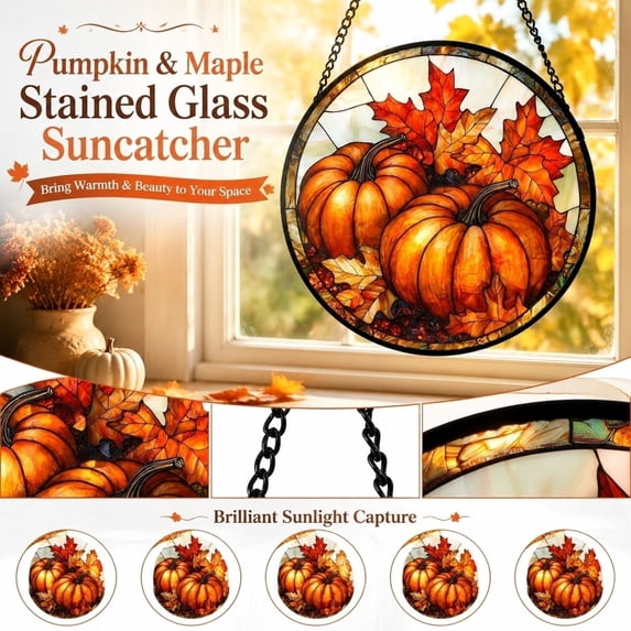 Stained Glass Window Hanging, Pumpkin Maple Leaf Suncatcher for Doors Home Sun Catchers Decoration and Christmas, Mother's Day Birthday Gifts for Women, Men, and Mom,Halloween Decorations