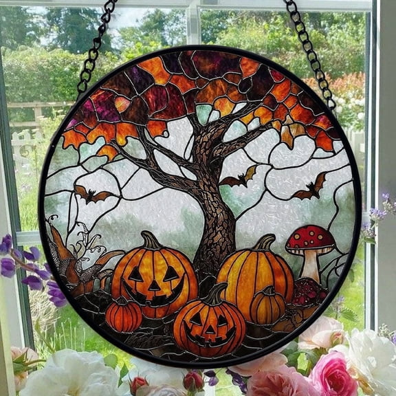 Stained Glass Window Hanging Pumpkin - Stained Glass Window Hanging Pumpkin, Christmas Ornament Gift, Elegant Art Glass Aesthetic, Year-Round Decorative Piece