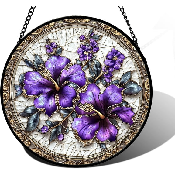 Stained Glass Window Hanging, Purple Flowers Romantic Suncatcher for Doors Home Sun Catchers Decoration and Christmas, Mother's Day Birthday Gifts for Women, Men, and Mom
