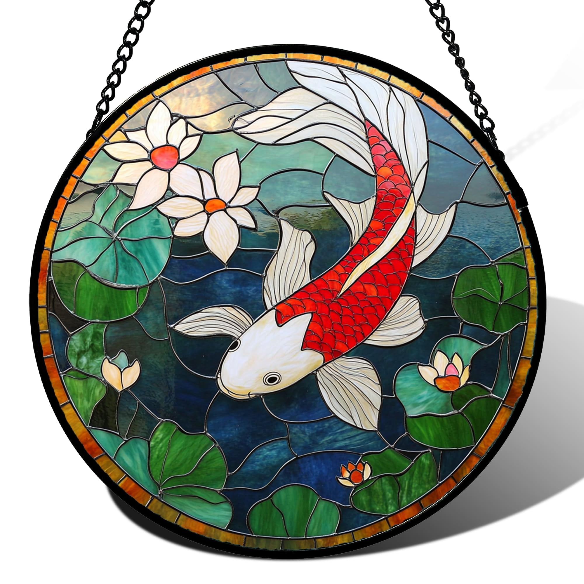 Stained Glass Window Hanging Red White Carp Lotus Flower - Suncatcher ...