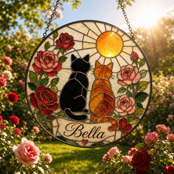 Stained Glass Window Hanging Rose Cat Glass Suncatcher for Cat Lovers