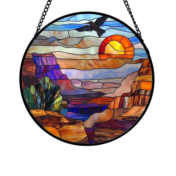 Stained Glass Window Hanging, Round Sunburst Suncatcher with Chain, Artistic Home Decor for Windows & Walls, Elegant Nature-Inspired Art