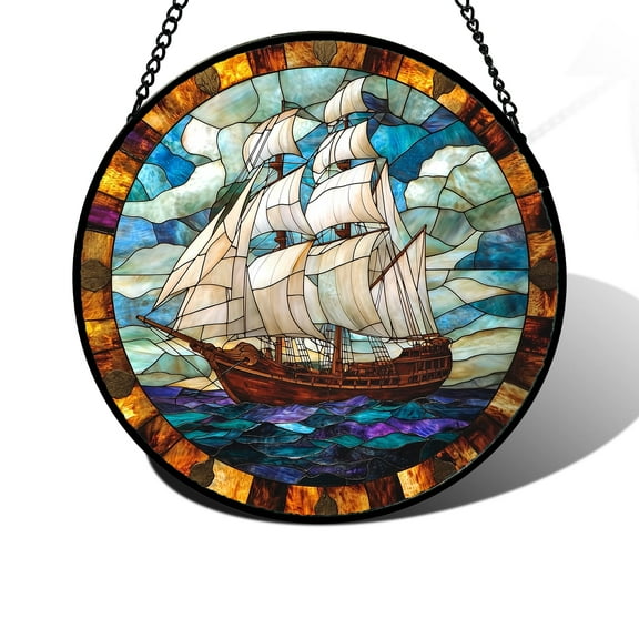 Stained Glass Window Hanging, Sailing Ocean Sun Catchers Glass Panel Navigation Suncatcher Decor for Birthday for Women, Men, Wife, Aunt, and Mom