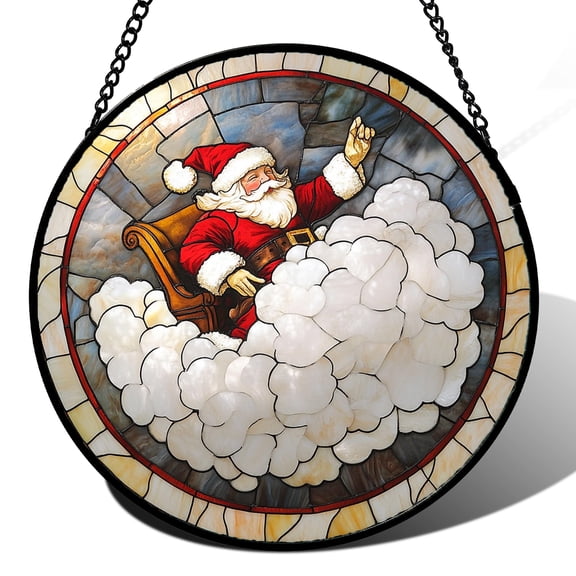 Stained Glass Window Hanging - Santa Claus On White Cloud Suncatcher for Doors Home Christmas Decoration Winter Sun Catcher Thanksgiving New Year Birthday Gifts for Women Men Mom Nana