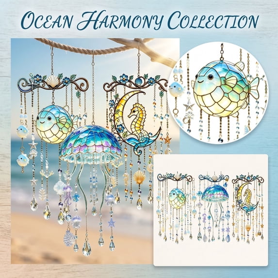 Stained Glass Window Hanging Seahorse Decor Ocean Theme Coastal Accent for Home Bathroom Bedroom Ceiling 1 Piece Set