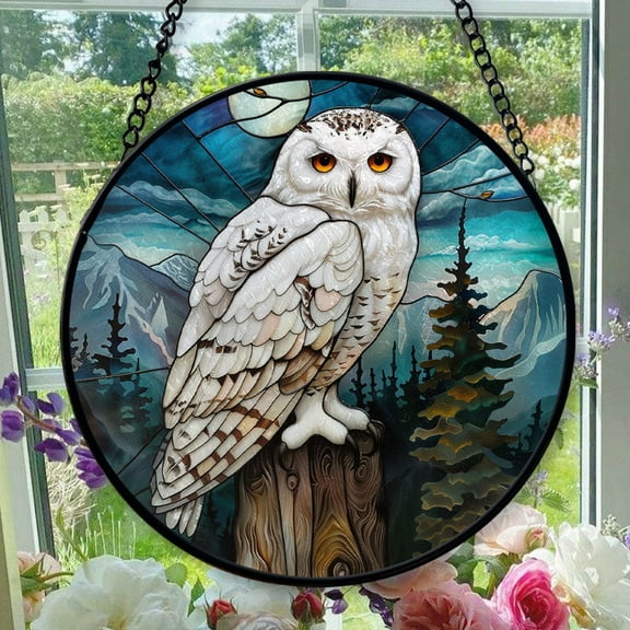 Stained Glass Window Hanging Snowy Owl - Stained Glass Window Hanging Snowy Owl, Festival Gift Ornament, Home Wall & Window Art, Brightens Any Space with Light