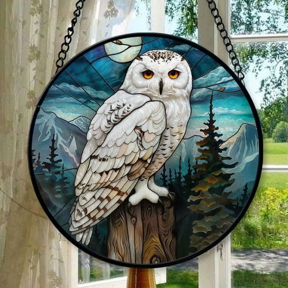 Stained Glass Window Hanging Snowy Owl, Valentine’s Day Decor, Festival Gift Ornament, Christmas Ornament Gift, Mother’s Day Keepsake, Keepsake 2025