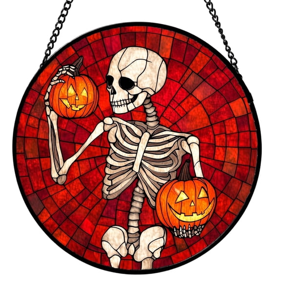 Stained Glass Window Hanging Spooky Skeleton Jack O Lantern Halloween Decor for Indoor Home