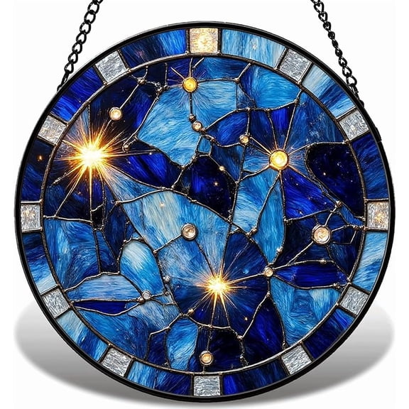 Stained Glass Window Hanging Sun Catcher, Starry Night Suncatcher for Window Decoration, Night Sky Round Wall Art Decor Gift for Women, Mom 016 (7.9IN)
