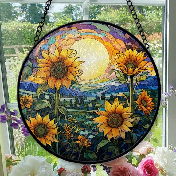 Stained Glass Window Hanging Sunflowers - Stained Glass Window Hanging Sunflowers, Festival Gift Ornament, Home Wall & Window Art, Brightens Any Space with Light