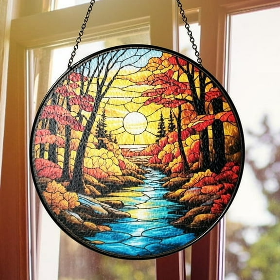Stained Glass Window Hanging Sunrise Tree and River, Handmade Sun Catchers Indoor Wall Art Home Garden