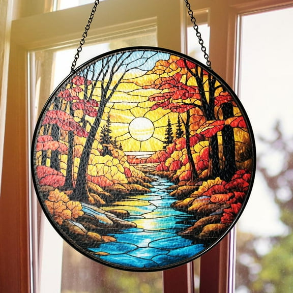 Stained Glass Window Hanging Sunrise Tree and River, Handmade Sun Catchers Indoor Wall Art Home Garden
