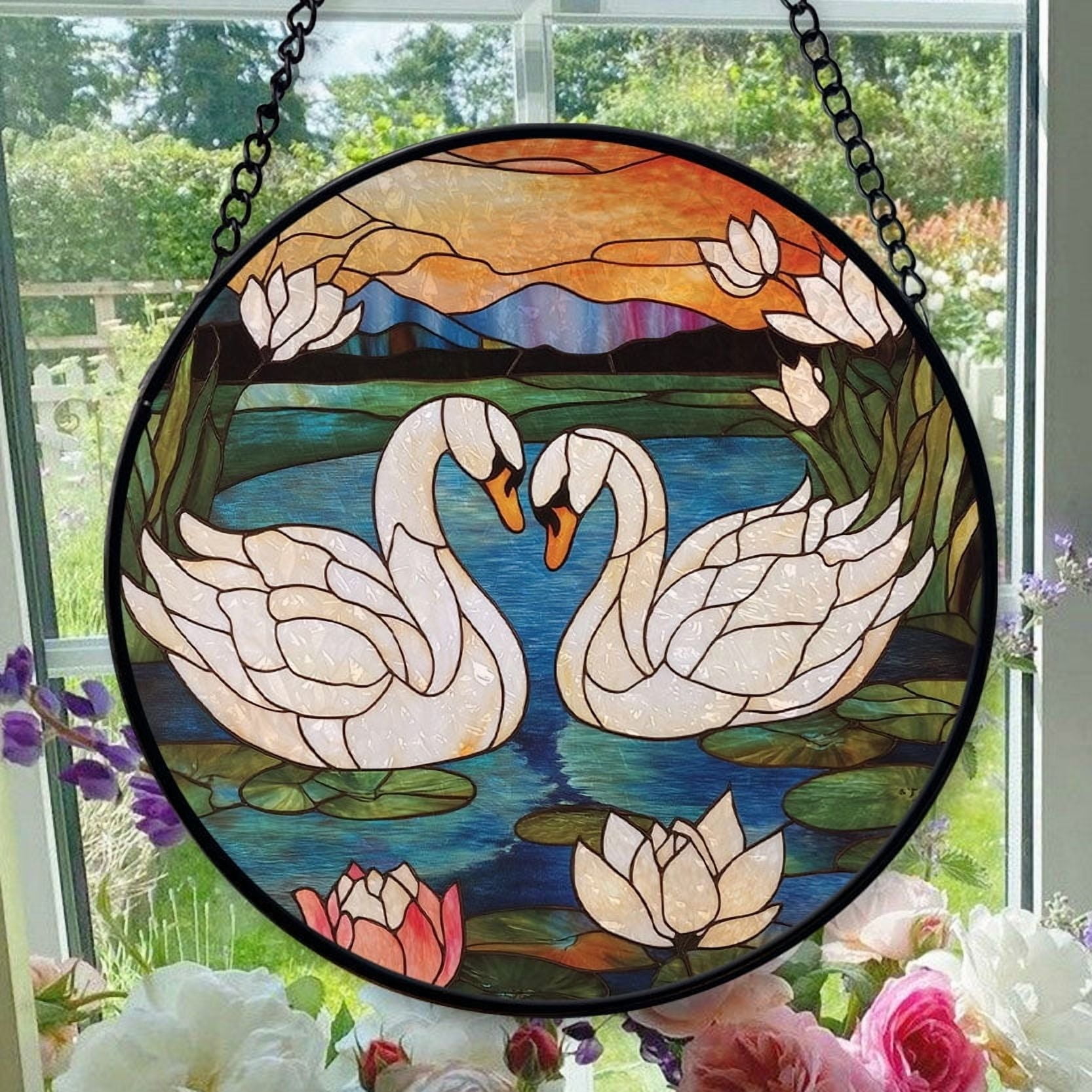 Stained Glass Window Hanging Swans - Stained Glass Window Hanging Swans, Festival Gift Ornament, Home Wall & Window Art, Brightens Any Space with Light