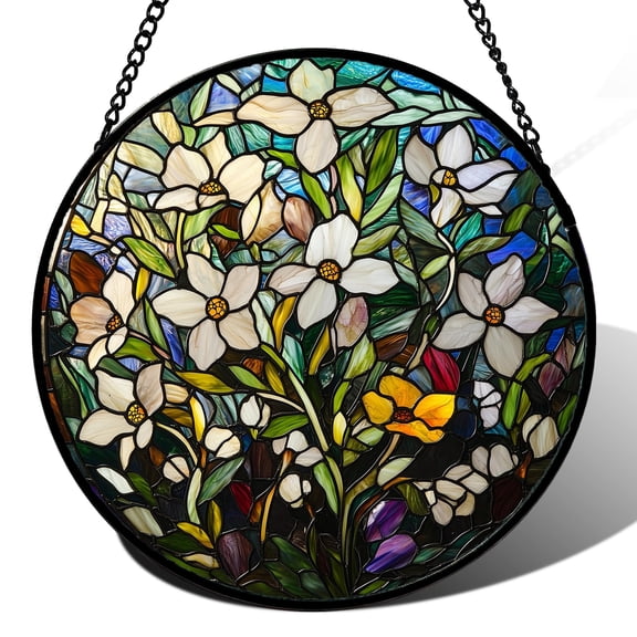 Stained Glass Window Hanging, Tiffany Flowers Blue and White Sun Catchers Colorful Glass Panel Suncatcher Decor for Birthday for Women, Men, Wife, Aunt, and Mom