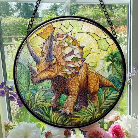 Stained Glass Window Hanging Triceratops Dinosaur Home - Stained Glass Window Hanging Triceratops Dinosaur Home, Festival Gift Ornament, Home Wall & Window Art