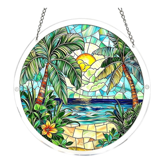 Stained Glass Window Hanging, Tropical Beach Palm Tree Sun Pattern, 5.9 Inch Round 1 Piece Hanging Ornament, Decorative Sun Catcher for Home Wall Window Door Holiday Decoration