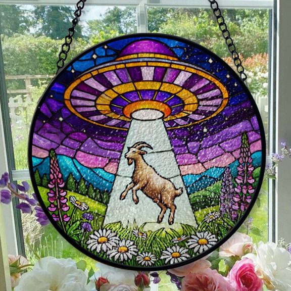 Stained Glass Window Hanging Ufo Abduction Goat - Stained Glass Window Hanging Ufo Abduction Goat, Festival Gift Ornament, Home Wall & Window Art, Brightens Any Space with Light
